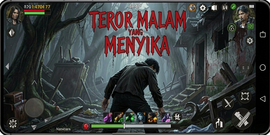 Screenshot gameplay 4P4P menampilkan suasana menegangkan dan mencekam.