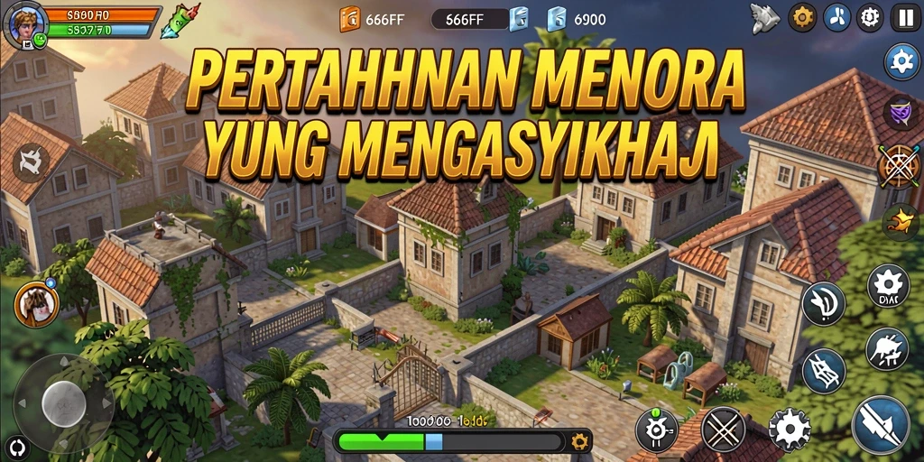 Screenshot gameplay 666FF menampilkan pertahanan menara yang strategis.