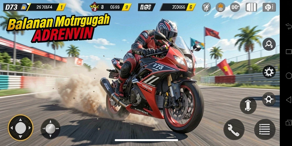 Gameplay balapan motor yang intens dan mendebarkan di D73.