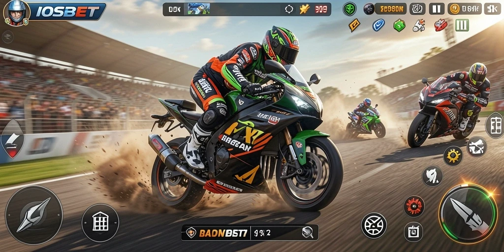 Screenshot gameplay balapan motor yang penuh aksi.