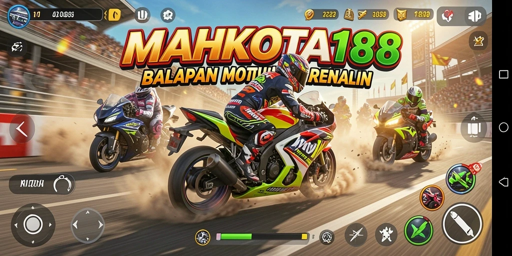 Screenshot gameplay <strong>MAHKOTA188</strong> menampilkan aksi balapan motor yang mendebarkan.