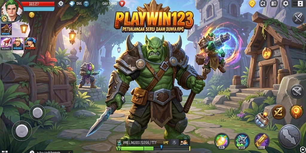 Screenshot utama dari PLAYWIN123 menunjukkan pertempuran epik dalam dunia RPG.