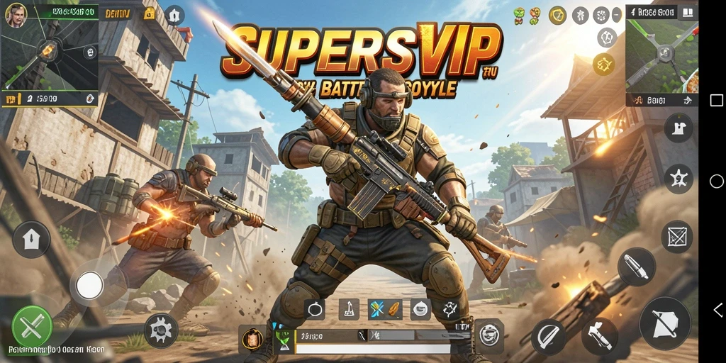 Tangkapan layar utama SUPERSVIP menampilkan aksi Battle Royale yang seru dan mendebarkan.